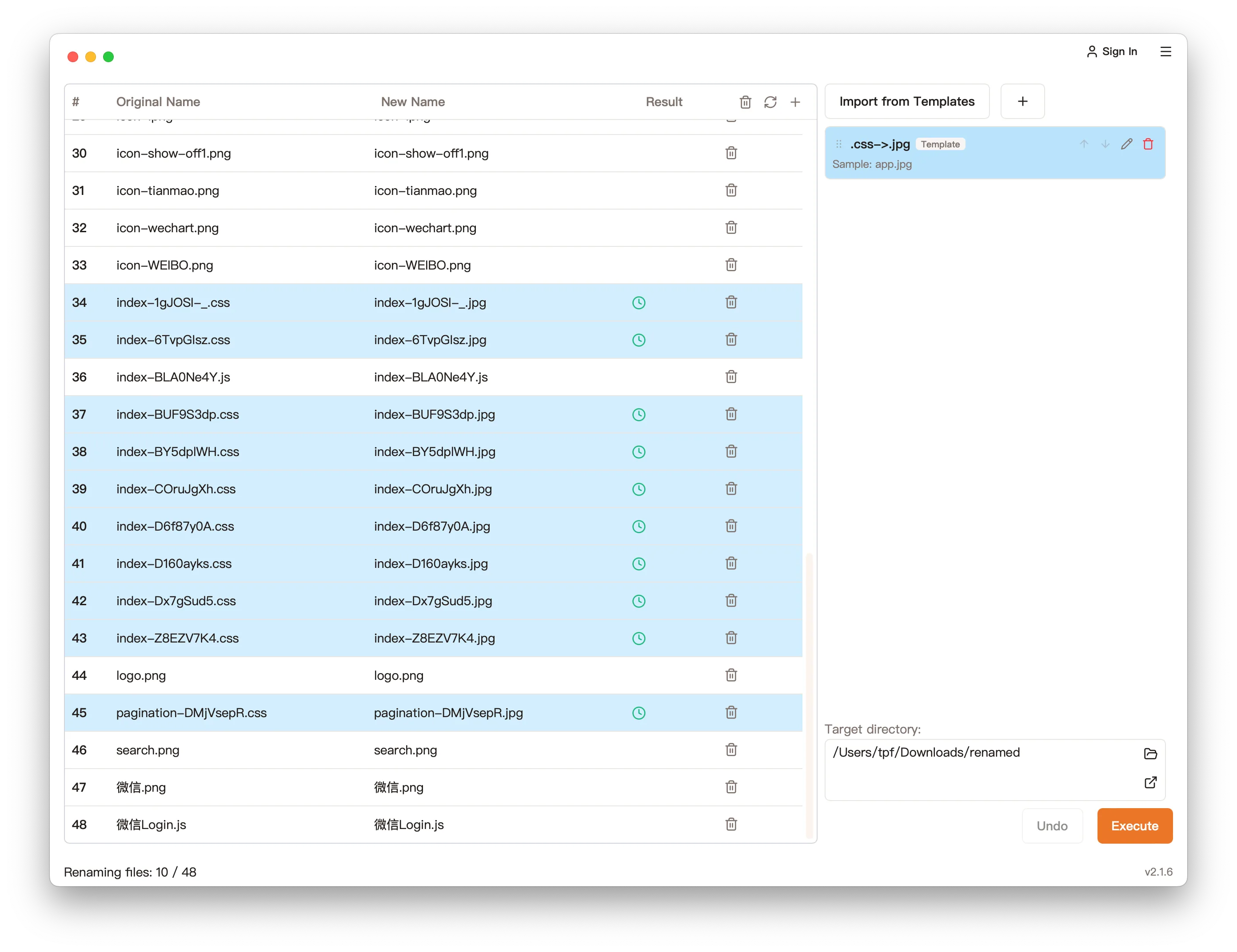SmartBatchRenamer file list — drag and drop files for batch renaming